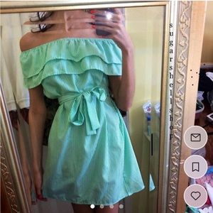 Green and white striped belted dress with ruffles | Size XS
